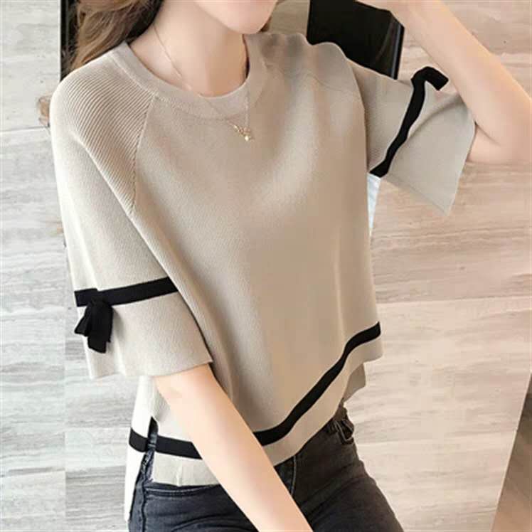 Western style trumpet medium sleeve T-shirt women's loose new spring and summer knitwear