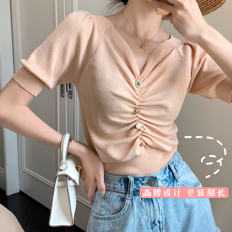 New slim short V-neck knitted thin bubble short sleeve versatile waist Top Blouse