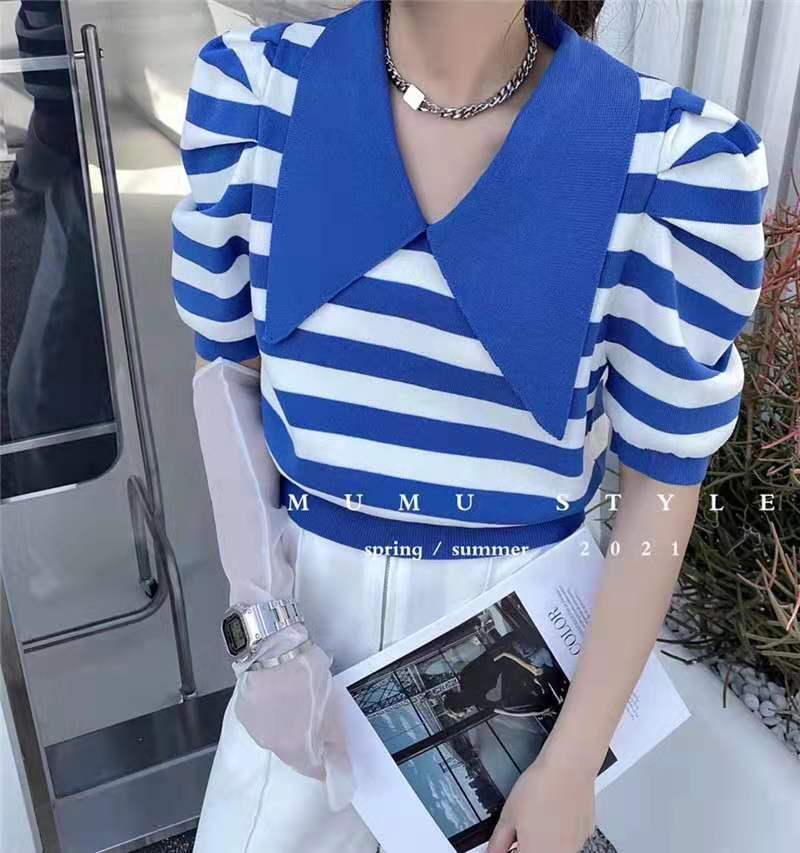 Spring new striped sweater top Korean bubble sleeve thin sweater baby collar