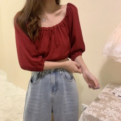 實拍實價秋季新款百搭方領顯瘦鎖骨兩穿上衣