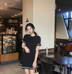 韓風圓領修身顯瘦短袖流蘇連衣裙百搭套頭收腰字短裙