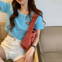 實拍！少女上衣短款露臍刺繡針織衫女夏季寬鬆短袖薄款開衫