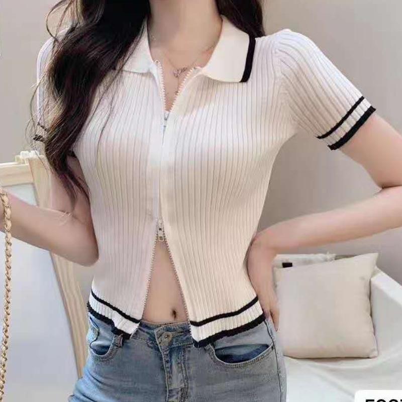 Summer new collar short sleeve ice silk T-shirt slim double zipper top female