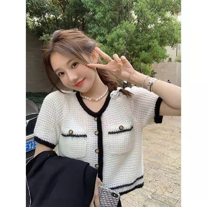 Meimei's new summer products purchase waffle small fragrance knitted cardigan short sleeve coat in advance