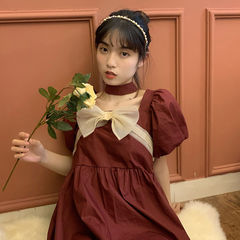 Dress Medium Length summer French retro square neck bubble sleeve skirt minority sweet high waist princess skirt