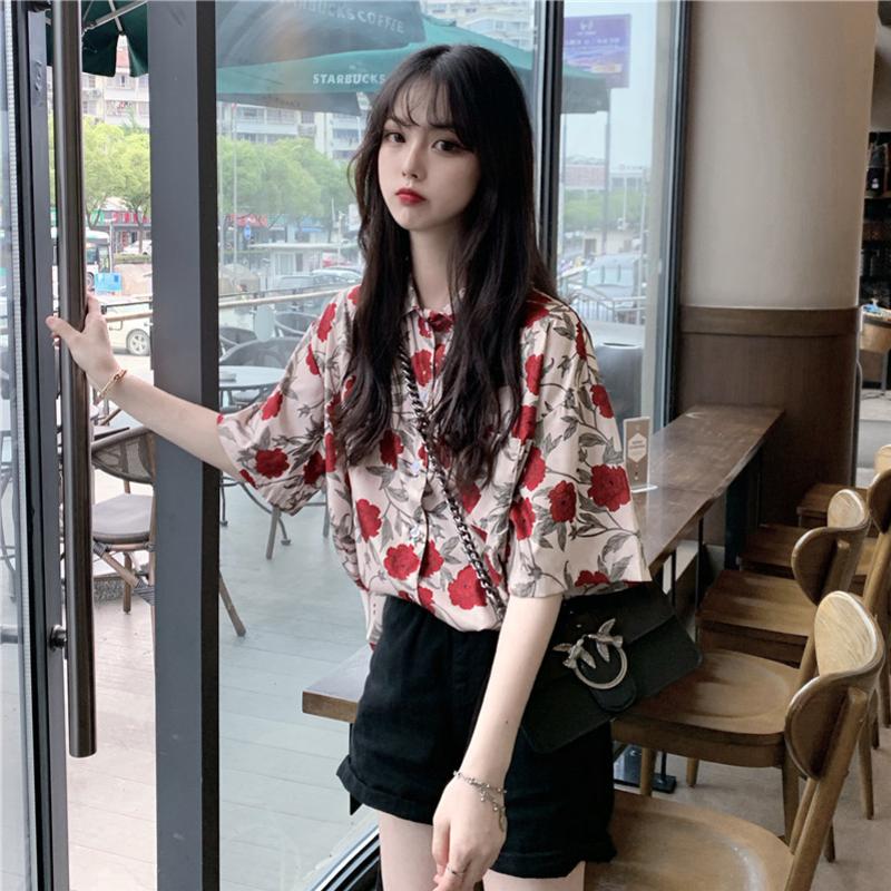 Summer new niche retro French print loose Student Short Sleeve Shirt Top