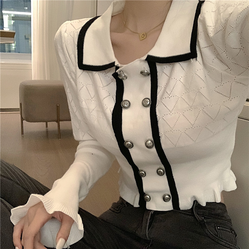 Gentle style knitwear women's early spring new collar short and slim cardigan top