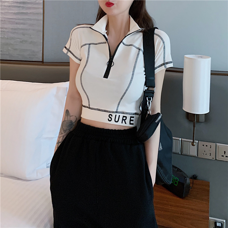 Black knitted summer ins mesh red high waist port style zipper short sleeve polo collar top