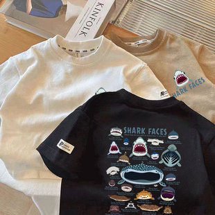 卡通鲨鱼家族印花T恤宝宝纯棉打底衫 新款 潮t 男童2025韩版 儿童短袖