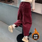 2025秋冬新款 加绒加厚休闲阔腿裤 女童红色灯芯绒裤 中大童女孩冬装