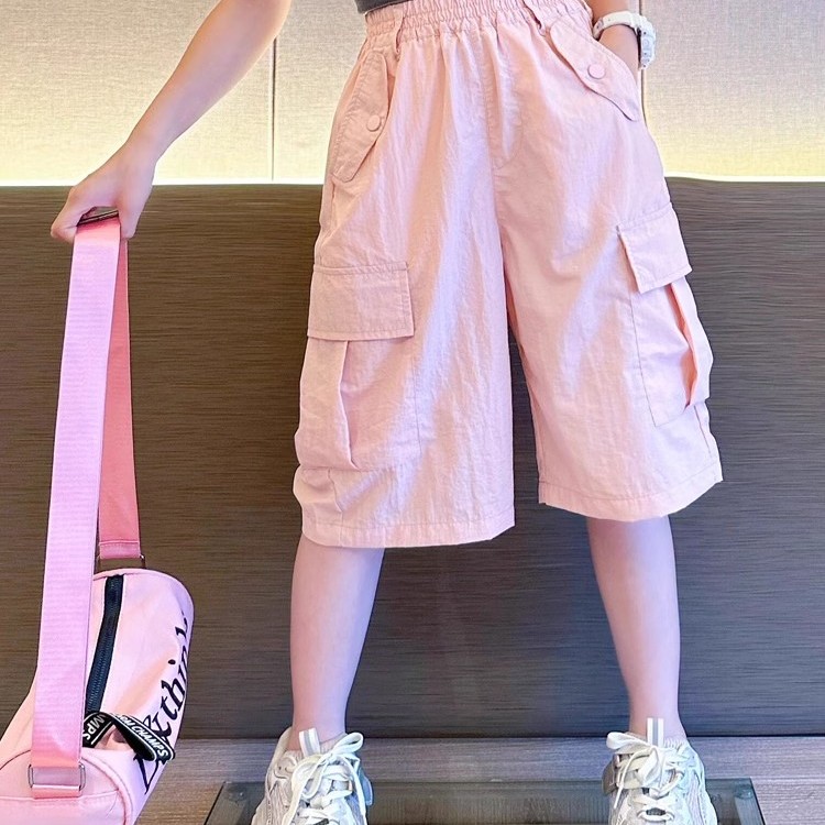 女童粉色工装短裤休闲宽松七分裤