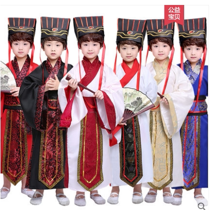 大袖子儿童古装避膝汉服直裾深衣三国臣相装春秋战国秦汉大臣官服