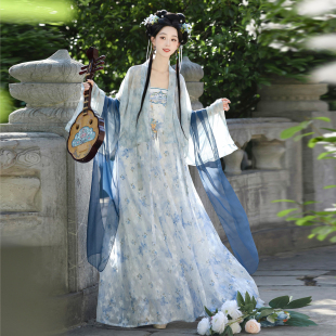 曹州莘月原创寒江雪汉服女齐胸裙蓝色花卉刺绣夏季长裙日常唐制