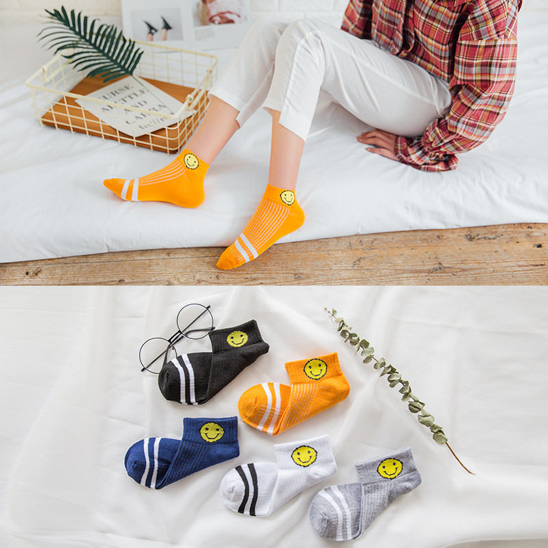 休闲防滑船袜横条棉袜学生百搭袜子2020新款笑脸袜短款棉袜*5双
