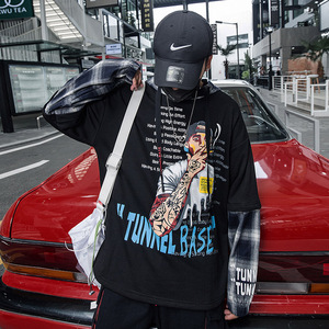 国潮卫衣男嘻哈街舞宽松人物印花慵懒风拼接袖假两件hiphop外套