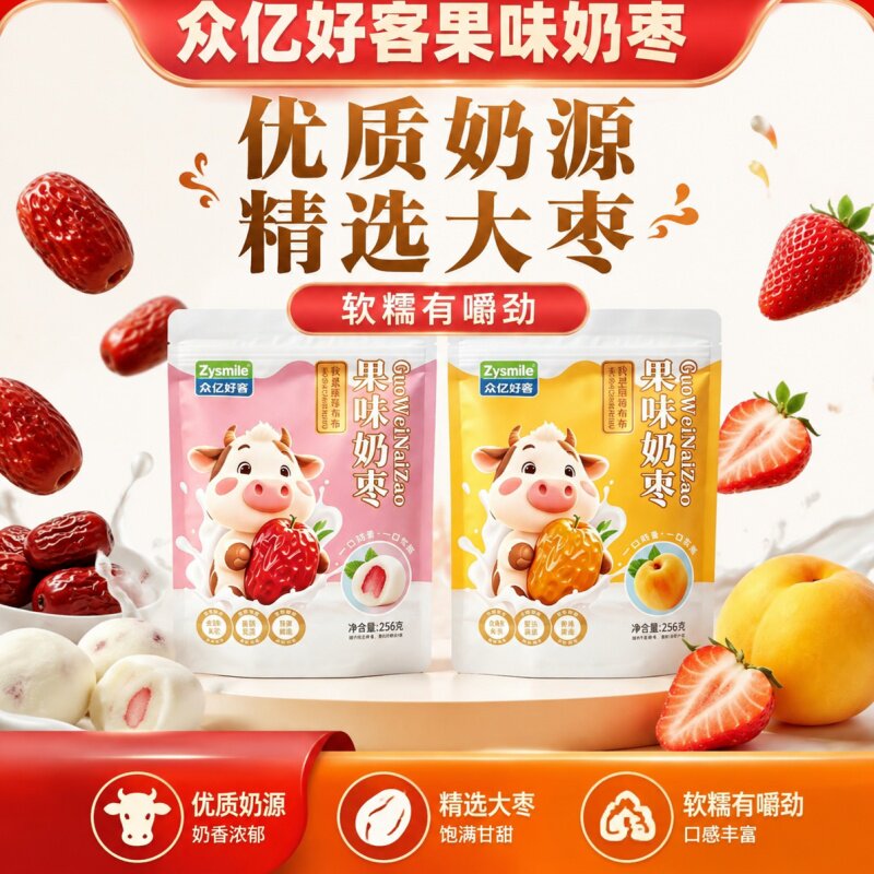 众亿好客果味奶枣高铁同款256g大克重优质奶源整颗红枣软糯有嚼劲