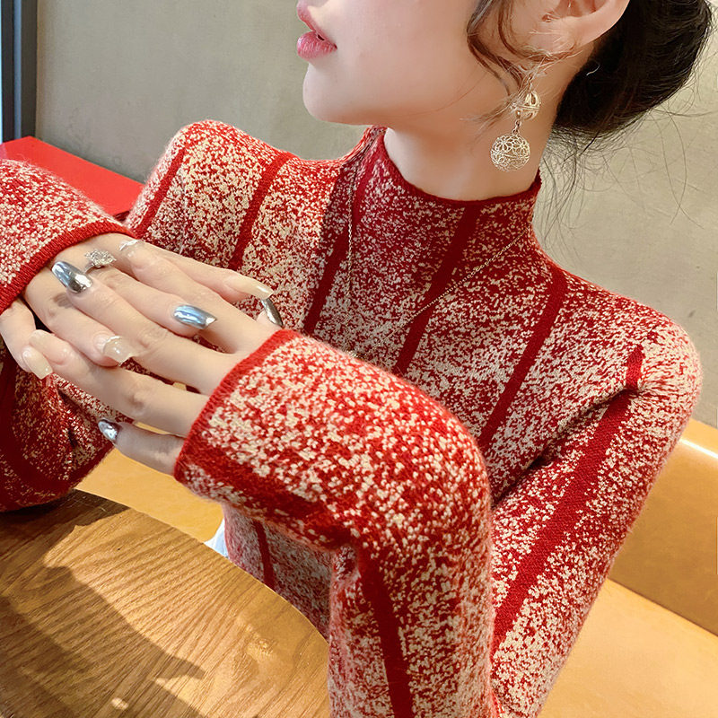 红色毛衣半高领打底衫秋装2026年新款爆款紧身洋气中领针织衫内搭