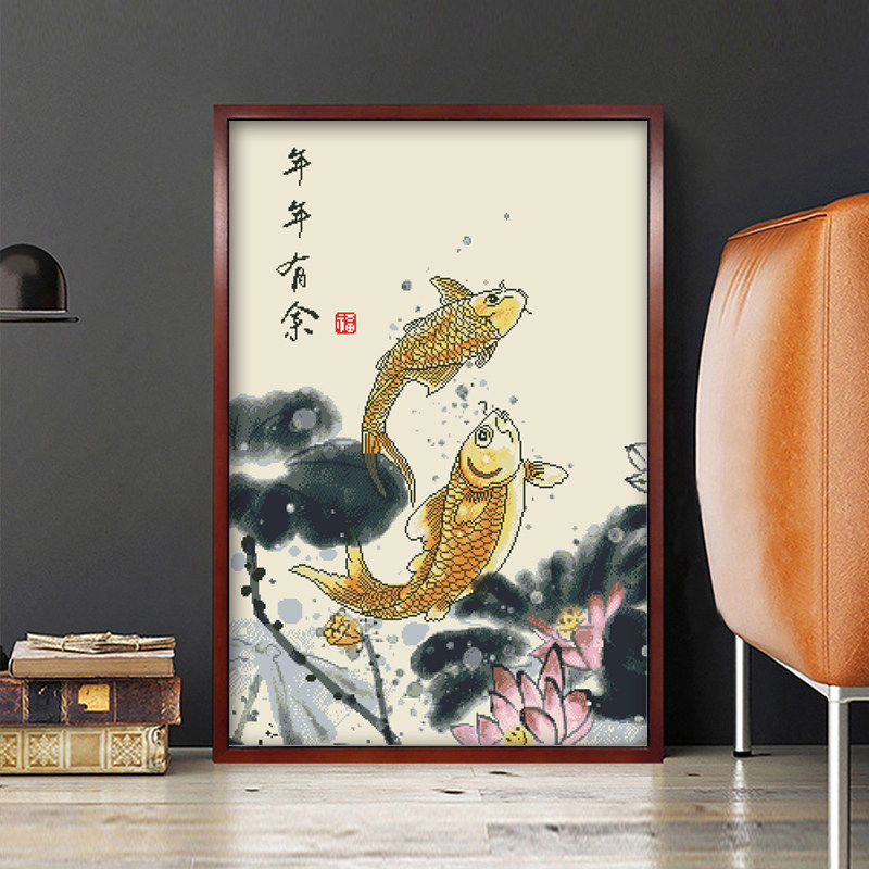 十字绣年年有余新款客厅玄关竖版锦鲤十字绣水墨风景画手工自己绣