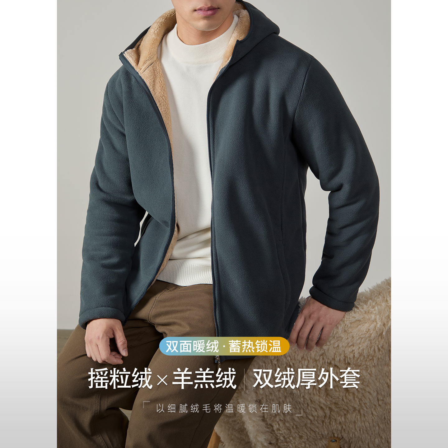 摇粒绒+羊羔绒加厚防风外套男
