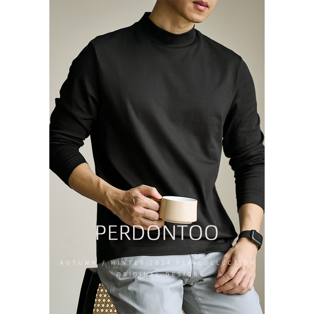 半高领长袖t恤男丝光棉抗静电