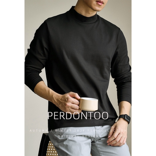 半高领打底衫男秋冬季丝光棉长袖T恤内搭保暖黑色抗静电中领上衣