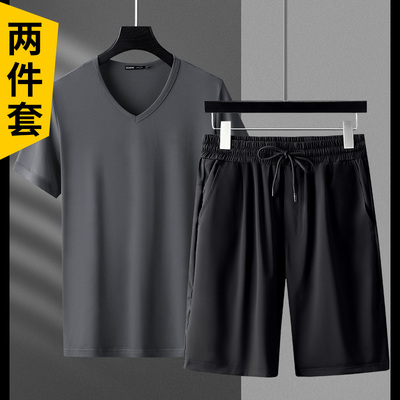 冰丝休闲套装新款V领运动短袖T恤