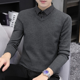秋冬季假两件毛衣男2025新款衬衫领针织衫修身韩版潮流毛线衣翻领