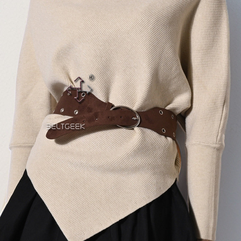 男女复古镂空铆钉装饰绒面腰带