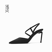 新款 烫社交女鞋 细带休闲凉鞋 春夏季 黑色布面尖头细高跟单鞋 子法式