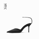 烫社交女鞋 水钻一字带单鞋 黑色布面尖头浅口高跟后空凉鞋 春夏法式