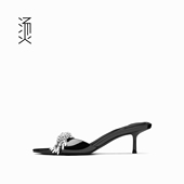 春夏一脚蹬外穿性感拖凉鞋 烫社交女鞋 黑色漆皮水带钻中高跟女单鞋