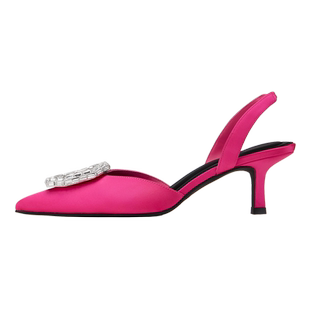 烫玫红布面尖头镂空一字带猫高跟夏季新款时尚透气质凉单社交女鞋