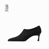 烫社交女鞋 黑色针织弹力布尖头深口中高跟春夏透气百搭细跟女单鞋