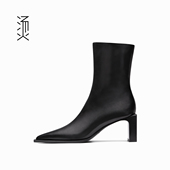 烫社交女鞋 新款 大卫 黑色牛皮尖头百搭小众高跟中筒短靴子秋冬季