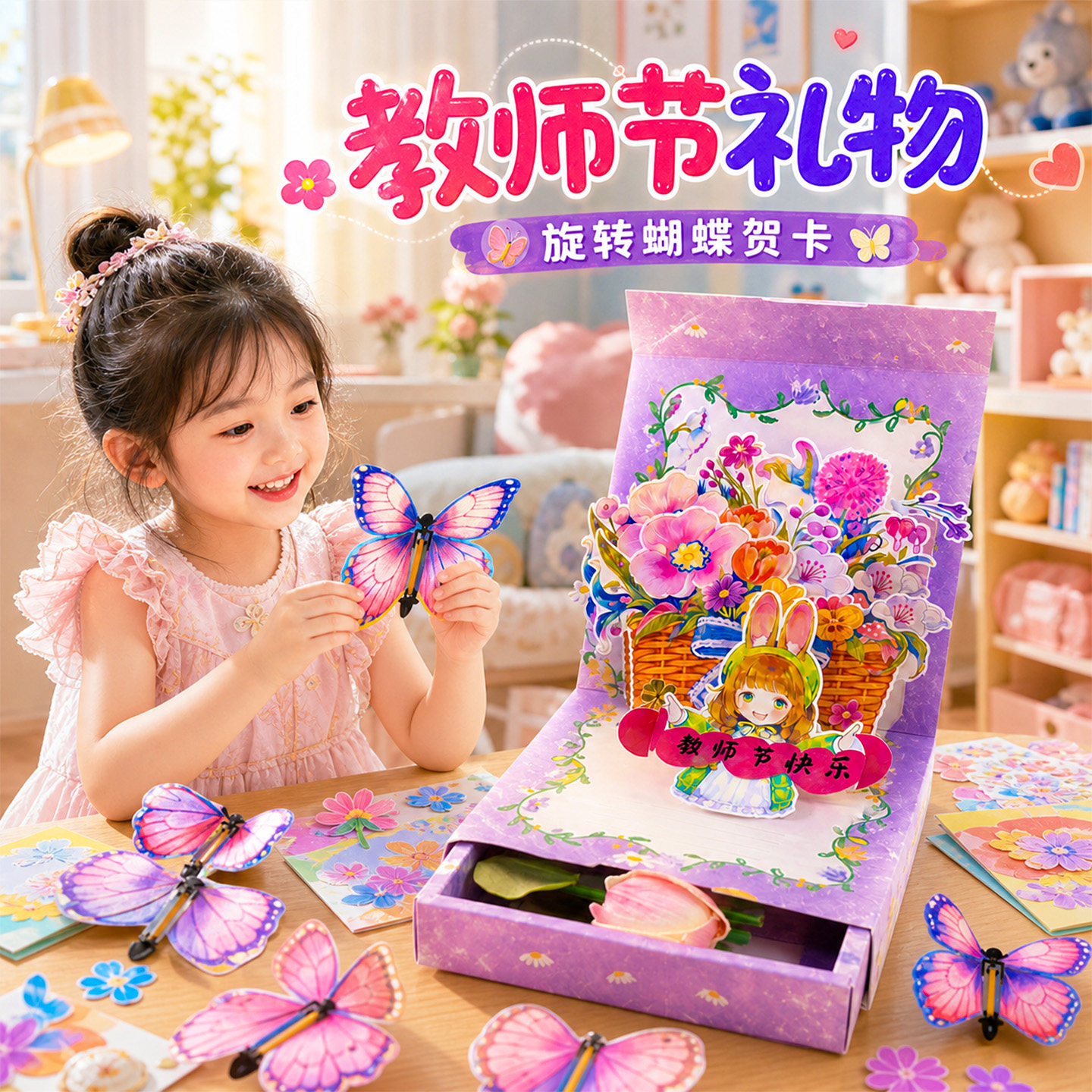 教师节礼物蝴蝶贺卡3d立体花束diy幼儿园手工制作送老师感谢师恩8