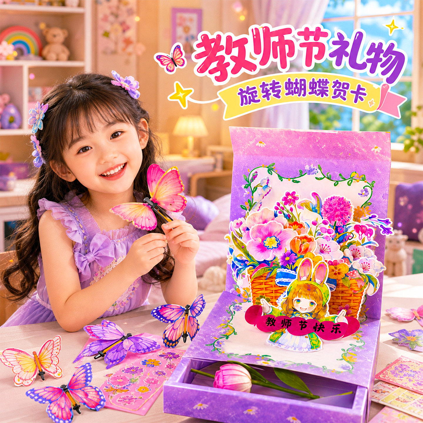 教师节礼物3d立体蝴蝶花束贺卡手工diy幼儿园感谢师恩送男女老师6