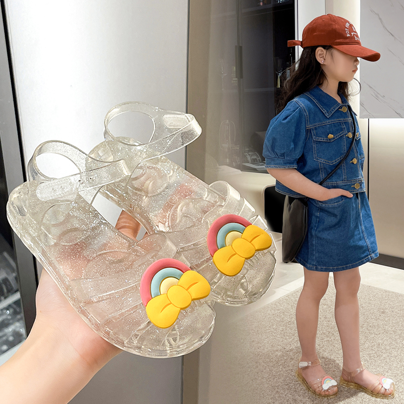 韩版时尚中小童凉拖鞋女儿童彩虹蝴蝶结果冻鞋公主宝宝单鞋沙滩鞋
