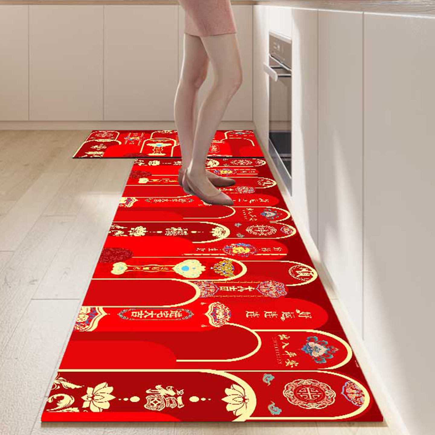 新中式厨房地垫红色喜庆防滑防油可擦免洗地毯垫马年2026新款脚垫,居家布艺,厨房地垫,淘宝优惠券,粉丝福利购,淘宝优惠卷