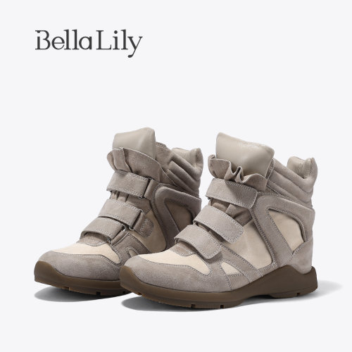 BellaLily2026冬季新款魔术贴拼色高帮鞋户外休闲鞋个性设计女鞋