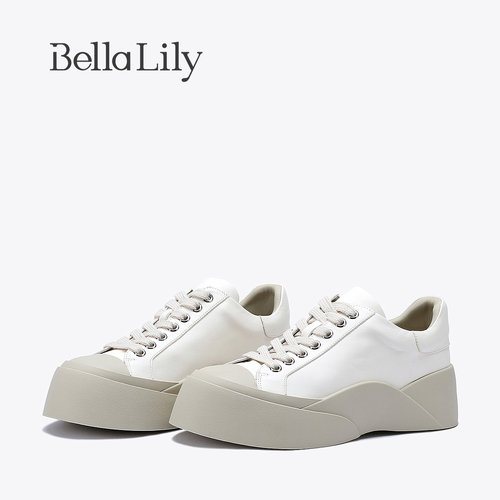 BellaLily新款牛皮做旧小白鞋女圆头休闲鞋增高厚底鞋子