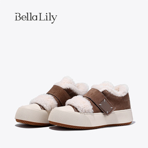 BellaLily2023冬季新款魔术贴牛皮加棉女鞋羊毛板鞋复古休闲鞋子