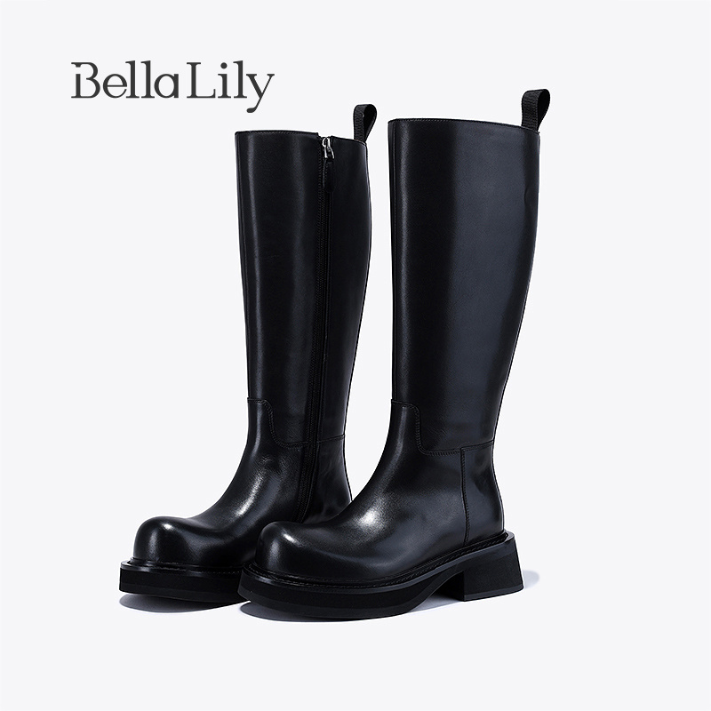 bellalily英伦粗跟牛皮高筒靴