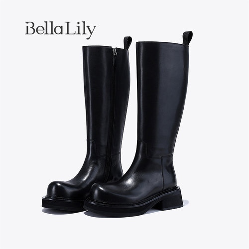 bellalily英伦粗跟牛皮高筒靴