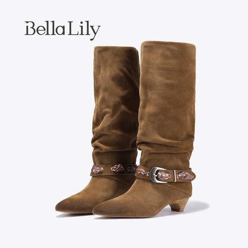 BellaLily2026秋冬新款复古美拉德风西部靴尖头皮带扣骑士靴长靴