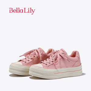 BellaLily新款粉色厚底板鞋女牛皮增高休闲鞋街头运动鞋