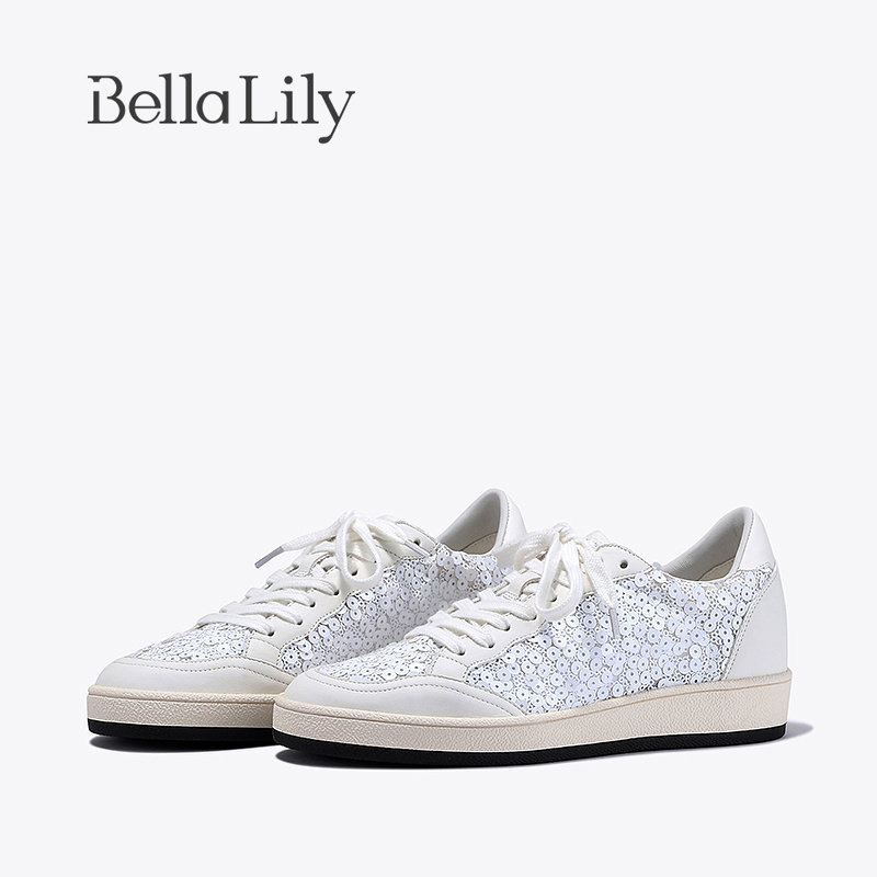 BellaLily2026春季新款时尚亮片板鞋女轻便百搭小白鞋牛皮平底鞋,女鞋,休闲板鞋,淘宝优惠券,粉丝福利购,淘宝优惠卷