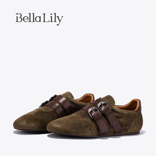 BellaLily2026秋新款双扣带软底德训鞋女复古百搭休闲鞋日系板鞋