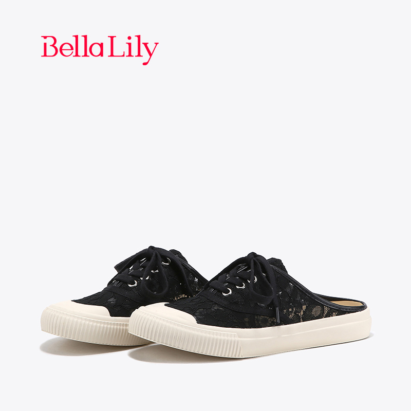 BellaLily新款轻便网纱半包拖鞋女一脚蹬平底鞋蕾丝板鞋子