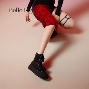 BellaLily春季 蝴蝶结马丁靴子 牛仔布中筒靴女高帮帆布鞋 新款