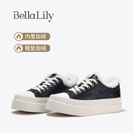 BellaLily秋冬新款时尚休闲板鞋女加绒百搭小黑鞋厚底保暖鞋